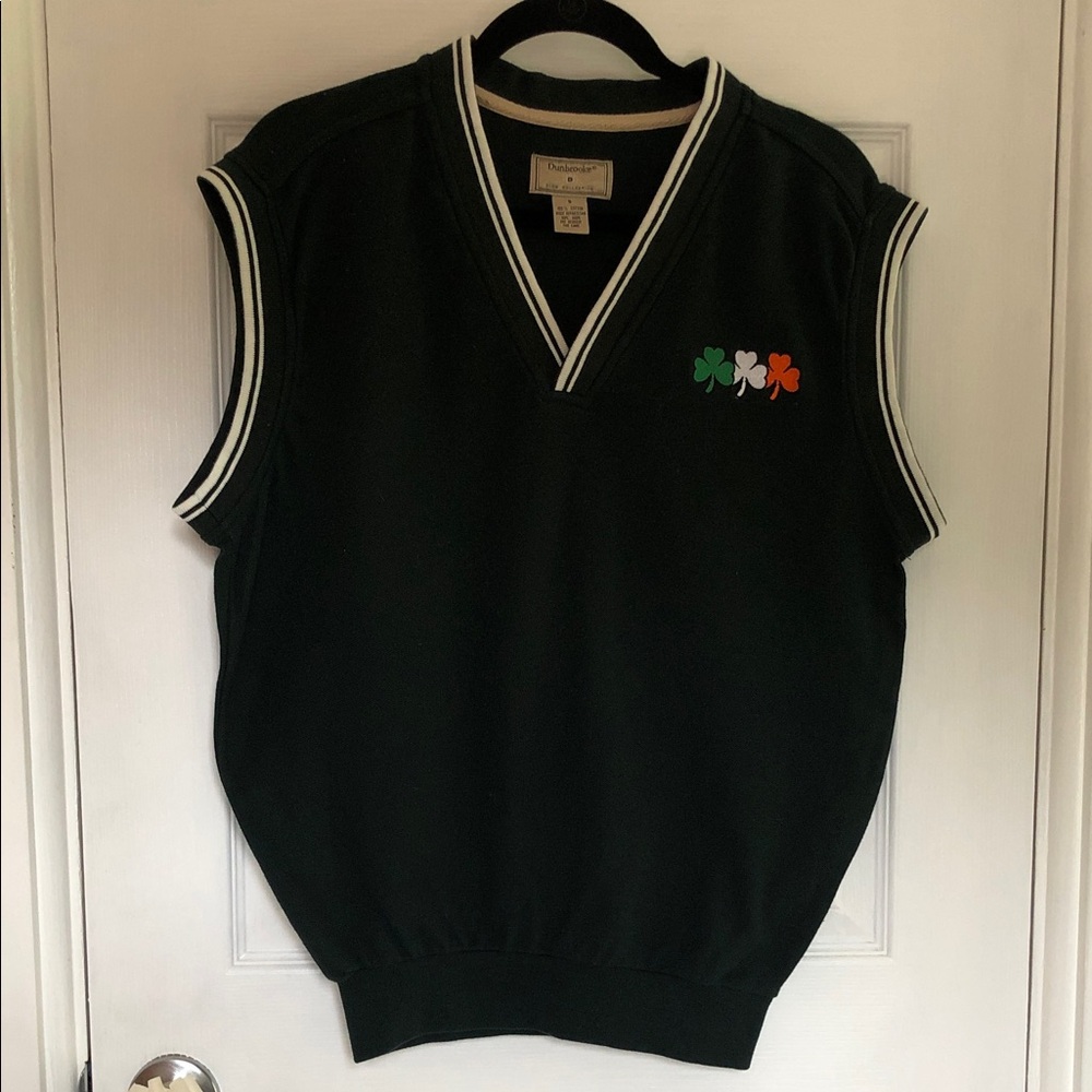 Dunbrooke Men’s Black V-Neck Sweater Vest with White Trim and Tricolor Shamrock